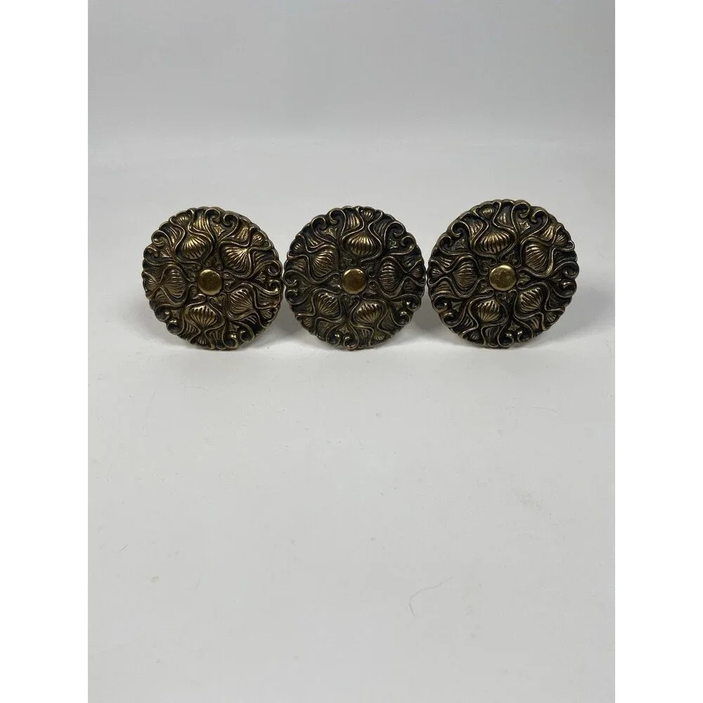 3 Vintage Ornate Brass Round Medallion Curtain Drapery Hold Backs Tiebacks MCM